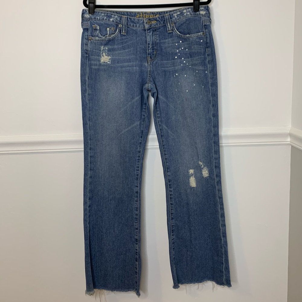 Hippie Brand Rhinestone Low Rise Raw Hem Blue Jeans Distressed Destroyed Boho